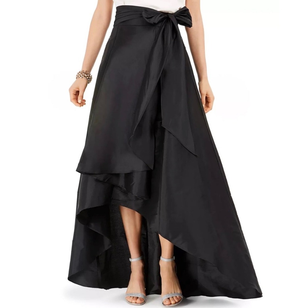 Adrianna Papell Black Satin High Low Formal Evening Skirt Detachable Sash Size 8